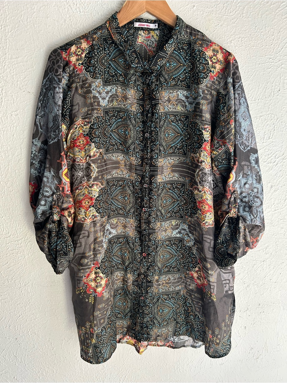 Johnny Was Mumbai Della 100% Silk Boho Tunic Blouse Multicolor XL Autumnal